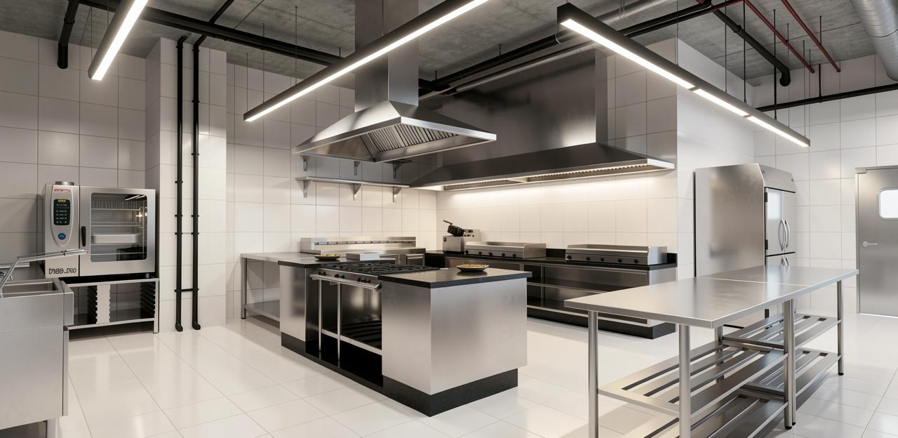 Cozinha profissional da Basilic Hospitality — vista ampla com iluminação linear