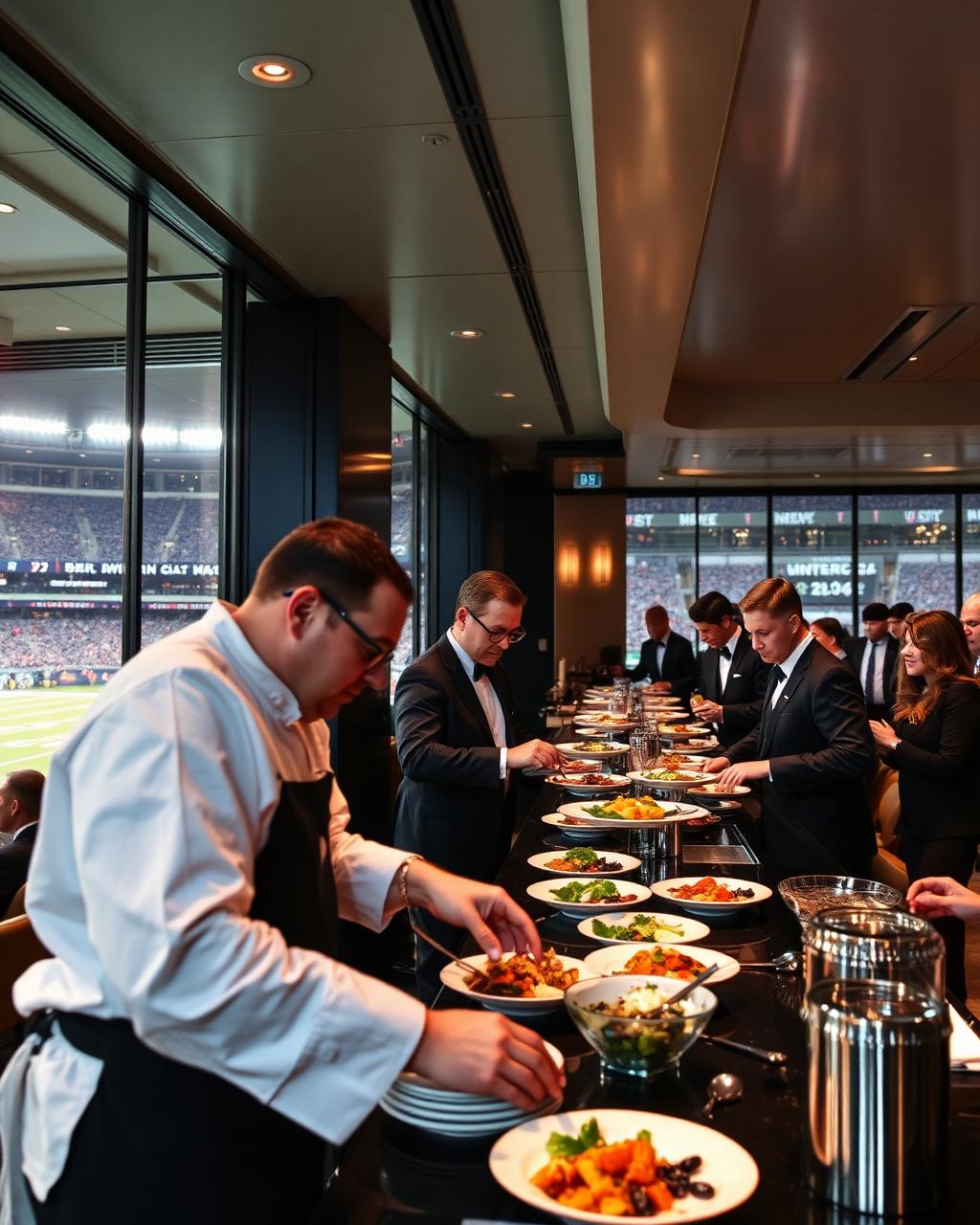Club lounge de estádio da NFL com estação de chef ao vivo